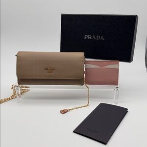 Prada Tan Wallet with Pink Card Holder and Gold Chain
